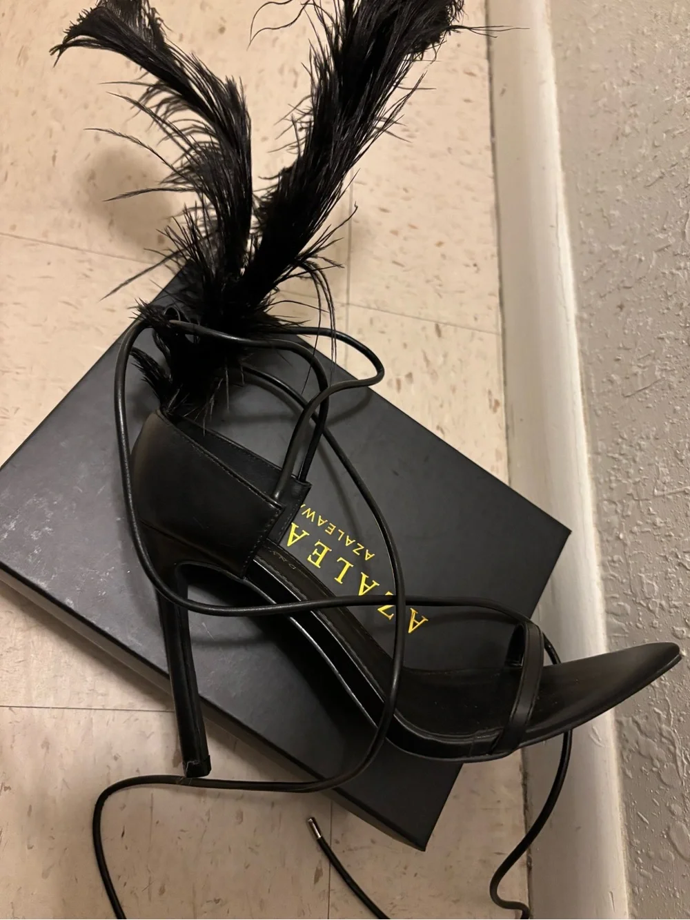 Black Feather Ankle-Tie Stiletto Sandals - Picture 5 of 6